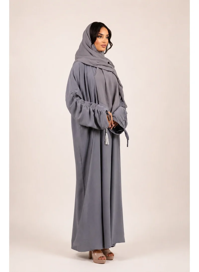 Ophelia grey Armina Stringed Abaya – Elegant Tie-Sleeve 3-in-1 Set with Inner Dress & Matching Hijab for Women | Best Price UAE