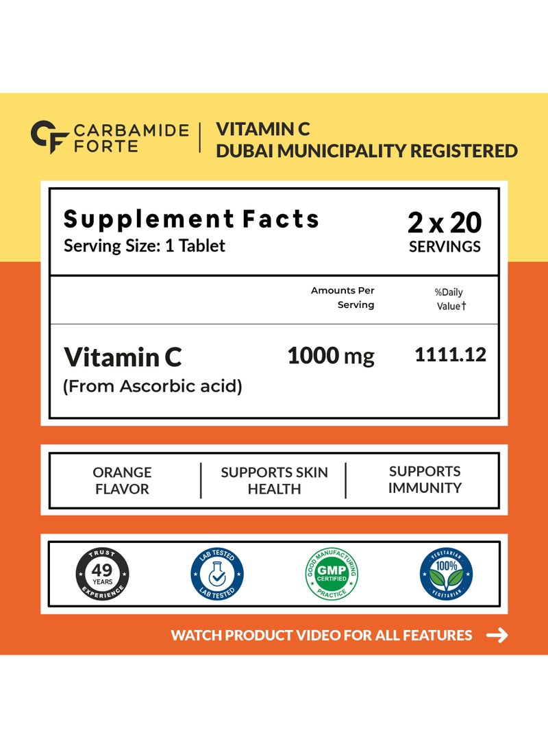 Carbamide Forte Vitamin C Effervescent Tablets 1000mg for Skin Health & Immunity - 2 X 20 Effervescent Tablets - Orange Flavour - Image 2