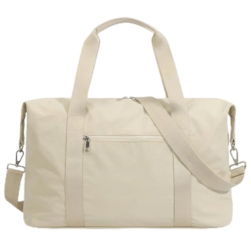 Oeihuivt Weekender Bags for Women 21 Inch Large Travel Duffel Bag 2Piece Set with Shoe Compartment HeavyDuty Canvas Leather Carry On Overnight Tote Beige - Image 1