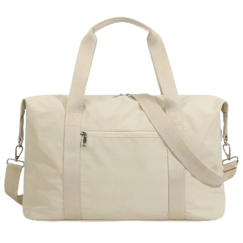 Oeihuivt Weekender Bags for Women 21 Inch Large Travel Duffel Bag 2Piece Set with Shoe Compartment HeavyDuty Canvas Leather Carry On Overnight Tote Beige - Image 2