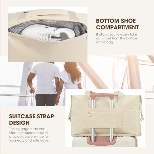 Oeihuivt Weekender Bags for Women 21 Inch Large Travel Duffel Bag 2Piece Set with Shoe Compartment HeavyDuty Canvas Leather Carry On Overnight Tote Beige - Image 3