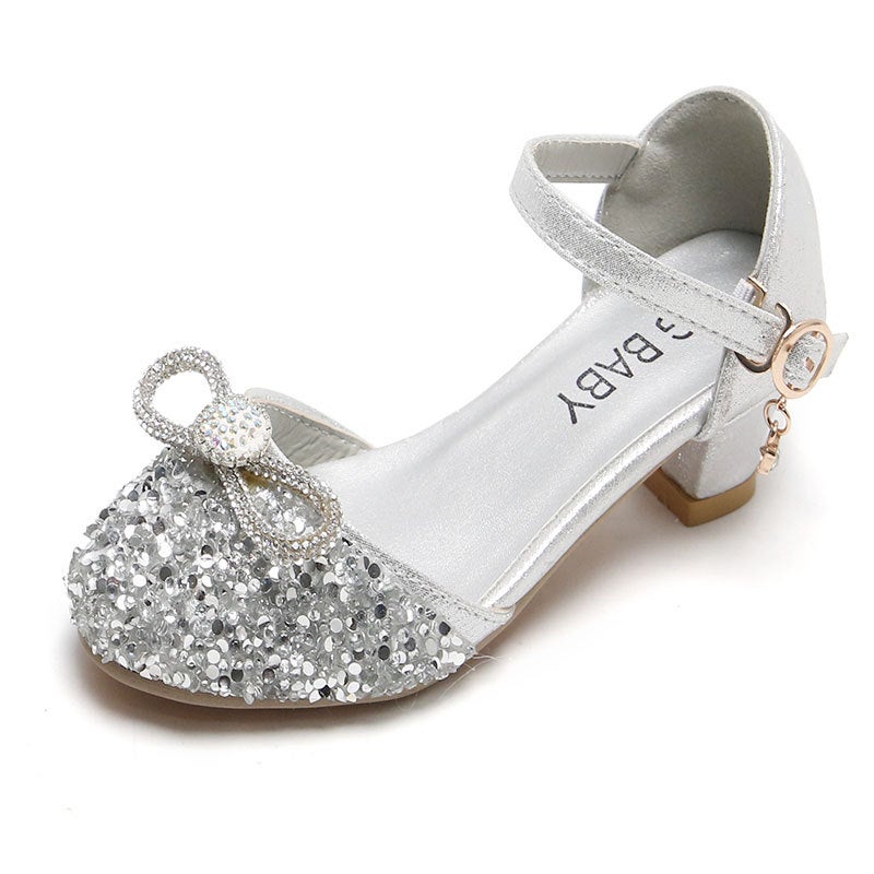 Children'S High-Heeled Shoes 2024 Spring Girls' Closed-Toe Sandals With Sequins, Princess Shoes With Buckle, Roman Style Shoes With Height-Increasing Design - Image 1