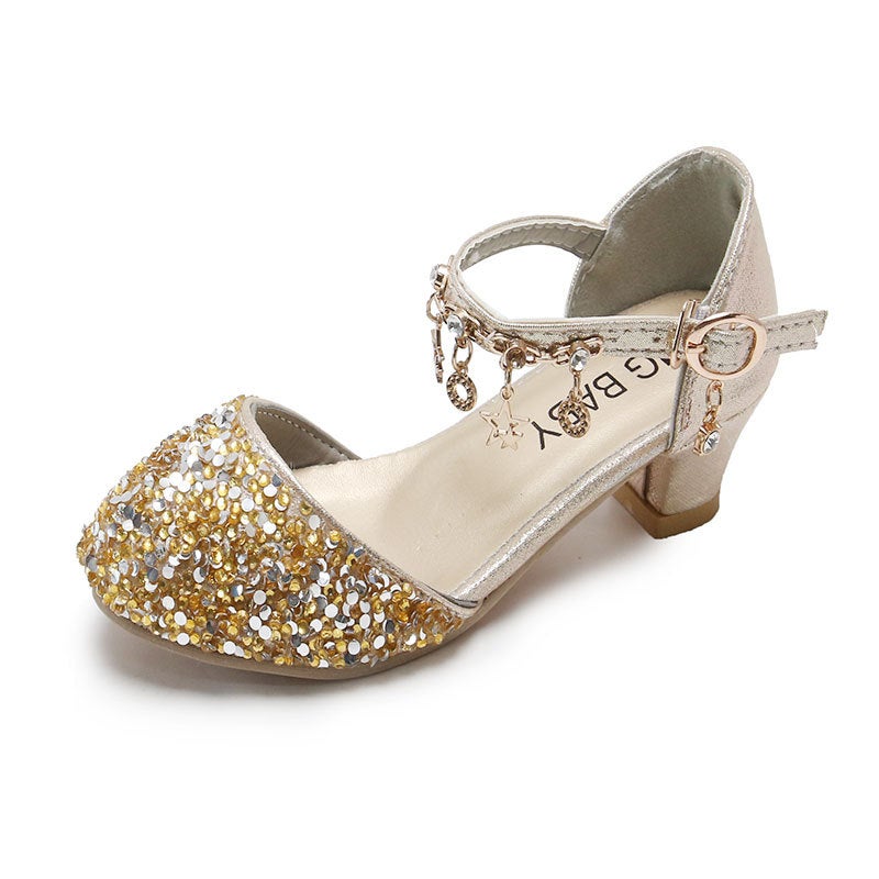 Children'S High-Heeled Shoes 2024 Spring Girls' Closed-Toe Sandals With Sequins, Princess Shoes With Buckle, Roman Style Shoes With Height-Increasing Design - Image 4