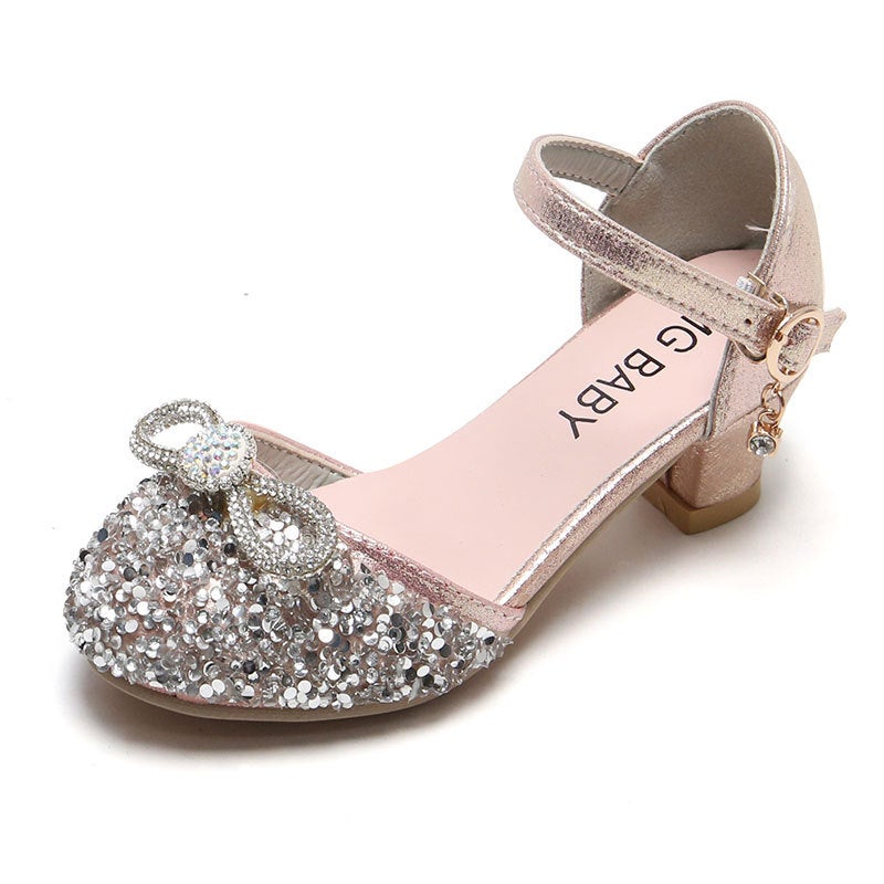 Children'S High-Heeled Shoes 2024 Spring Girls' Closed-Toe Sandals With Sequins, Princess Shoes With Buckle, Roman Style Shoes With Height-Increasing Design - Image 5
