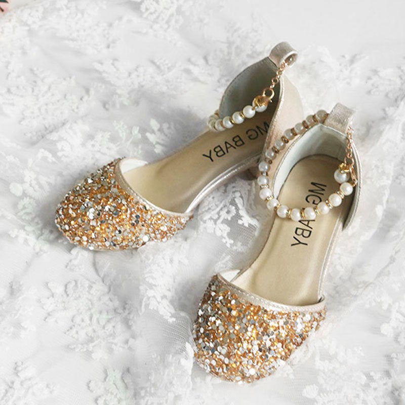 Children'S High-Heeled Shoes 2024 Spring Girls' Closed-Toe Sandals With Sequins, Princess Shoes With Buckle, Roman Style Shoes With Height-Increasing Design - Image 3