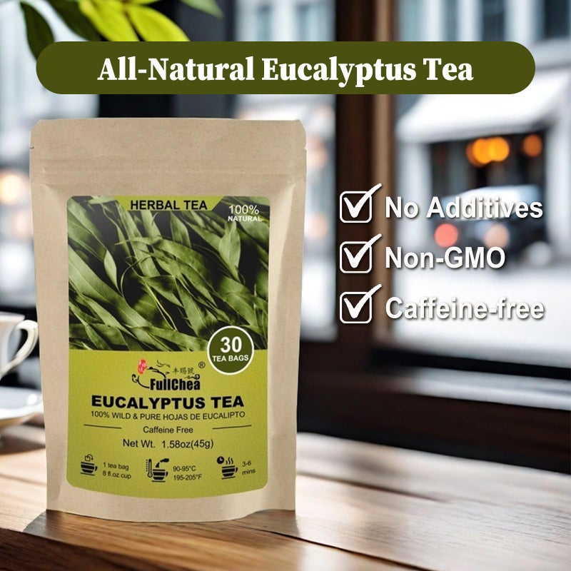 FullChea - Natural Eucalyptus Tea Bag 30 Teabags, 1.5g/bag - Premium Hojas de Eucalipto - Non-GMO - Caffeine-free - Boost Respiratory Health - Image 4