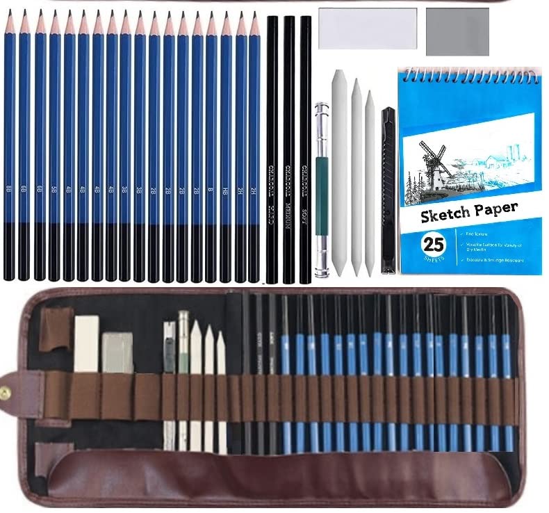 Corslet Artist Kit | 30 Pc Professional Drawing Pencil Set | Includes A5 Sketch Book, Sketching Kit, Eraser Kit, and Charcoal Stick for Artists, Students and Adults - Image 1