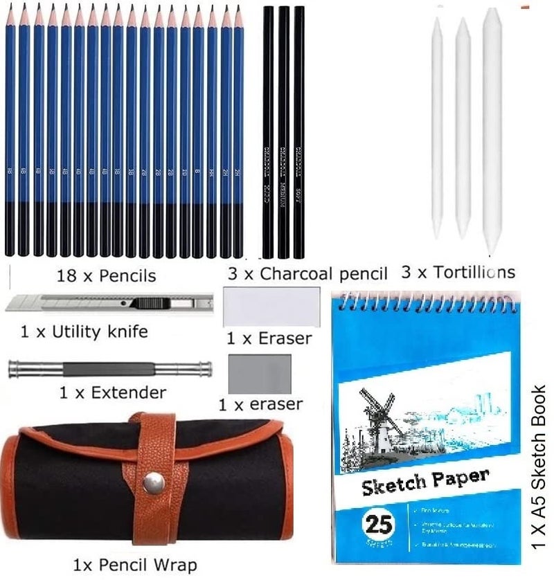 Corslet Artist Kit | 30 Pc Professional Drawing Pencil Set | Includes A5 Sketch Book, Sketching Kit, Eraser Kit, and Charcoal Stick for Artists, Students and Adults - Image 2