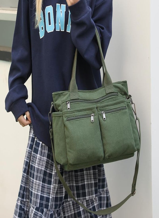 Lamprod Corduroy Crossbody Tote Bag for Women Cute Shoulder Bag Large Messenger Bag, Green, Medium - Image 3