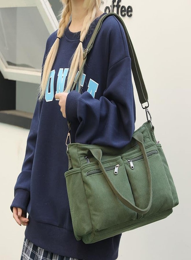 Lamprod Corduroy Crossbody Tote Bag for Women Cute Shoulder Bag Large Messenger Bag, Green, Medium - Image 4