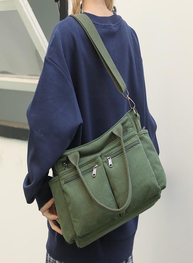 Lamprod Corduroy Crossbody Tote Bag for Women Cute Shoulder Bag Large Messenger Bag, Green, Medium - Image 2
