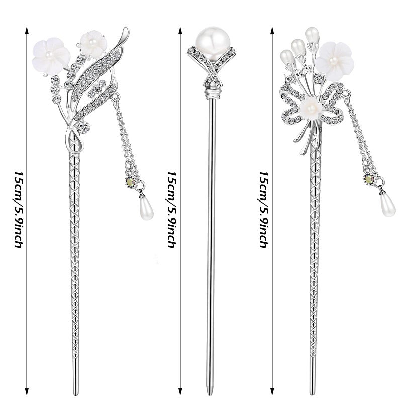 Waydress 3 Pieces Chinese Hair Stick Japanese Hairpin Hair Chopsticks for Women Pearl Rhinestone Flower Hair Accessories Vintage Tassel Handmade Chignon Jewelry(Traditional Style) - Image 3
