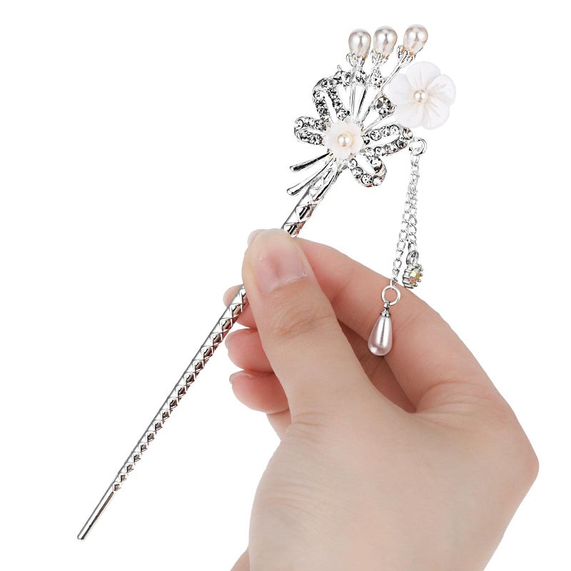 Waydress 3 Pieces Chinese Hair Stick Japanese Hairpin Hair Chopsticks for Women Pearl Rhinestone Flower Hair Accessories Vintage Tassel Handmade Chignon Jewelry(Traditional Style) - Image 5