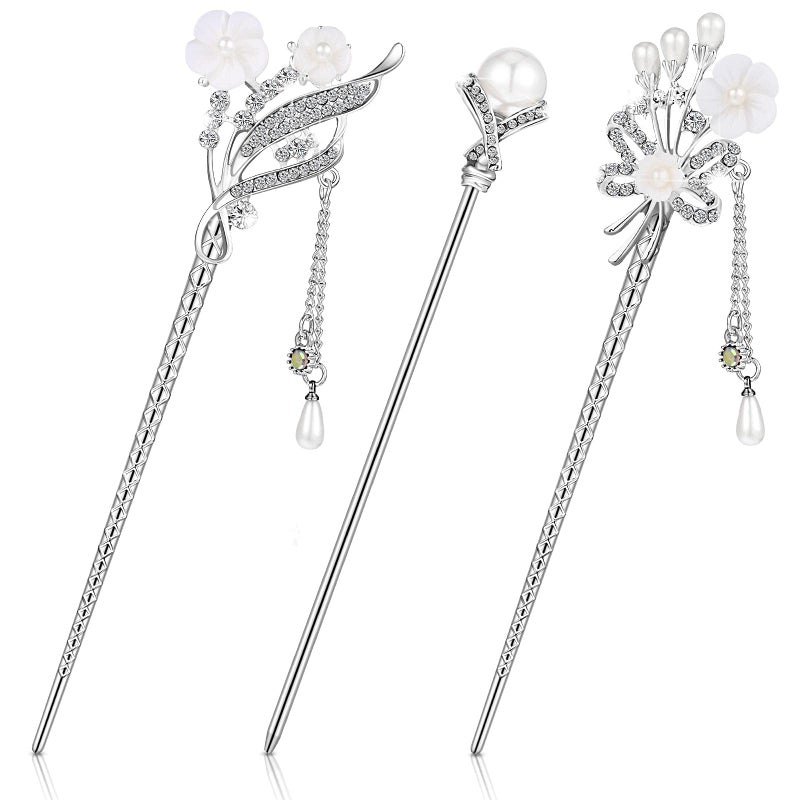 Waydress 3 Pieces Chinese Hair Stick Japanese Hairpin Hair Chopsticks for Women Pearl Rhinestone Flower Hair Accessories Vintage Tassel Handmade Chignon Jewelry(Traditional Style) - Image 1