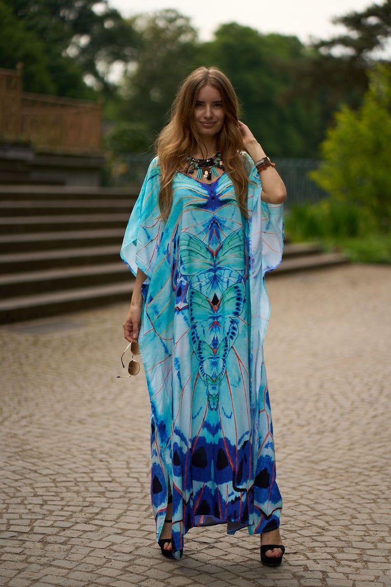 IMAGEKOPE Women's Plus Size Moroccan Print V-Neck Batwing Kaftan Loose Fit Beach Dress Bathing Suit Cover Up - Image 3