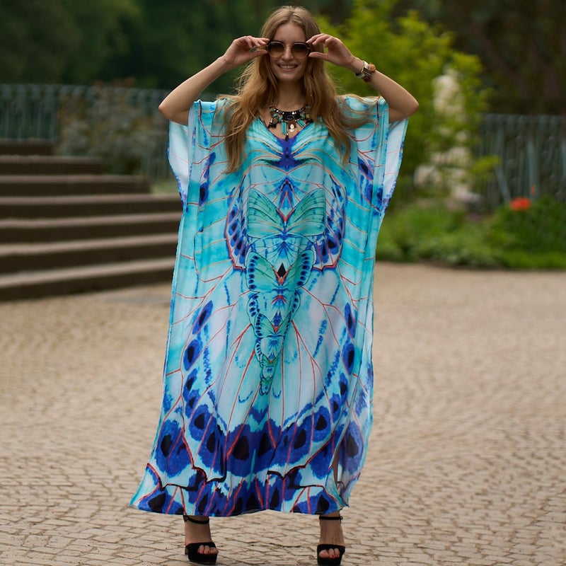IMAGEKOPE Women's Plus Size Moroccan Print V-Neck Batwing Kaftan Loose Fit Beach Dress Bathing Suit Cover Up - Image 5
