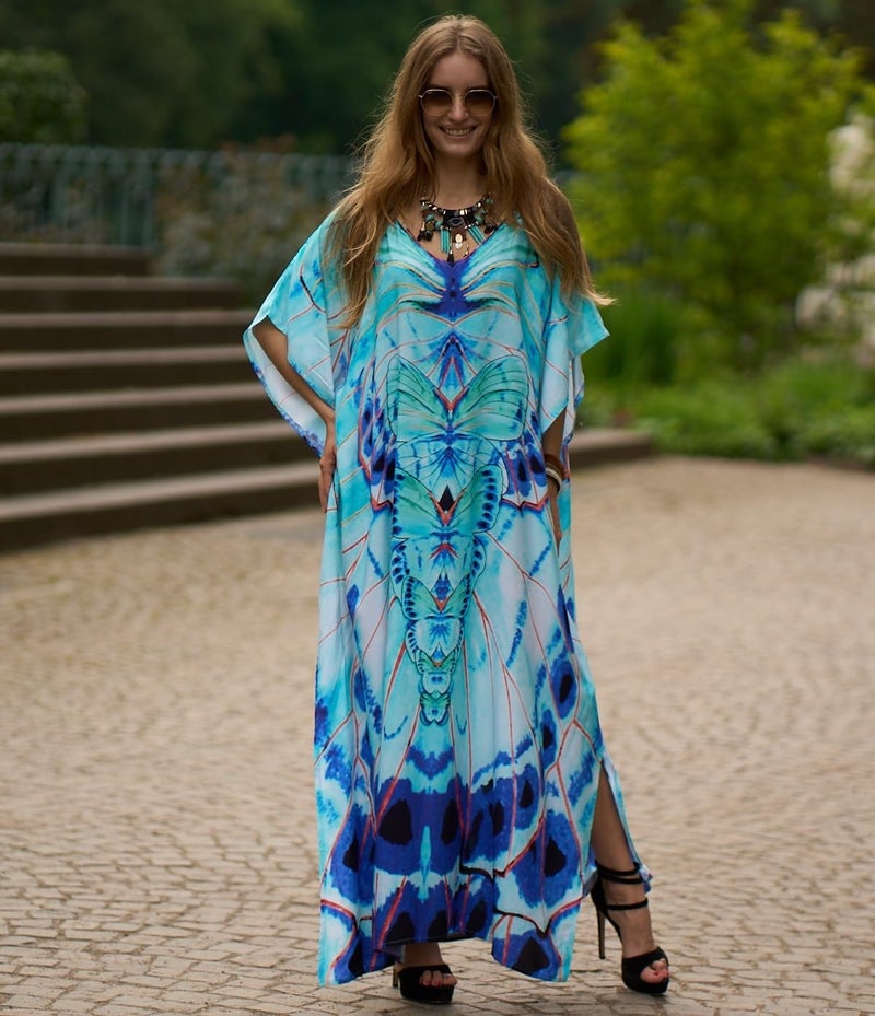 IMAGEKOPE Women's Plus Size Moroccan Print V-Neck Batwing Kaftan Loose Fit Beach Dress Bathing Suit Cover Up - Image 2