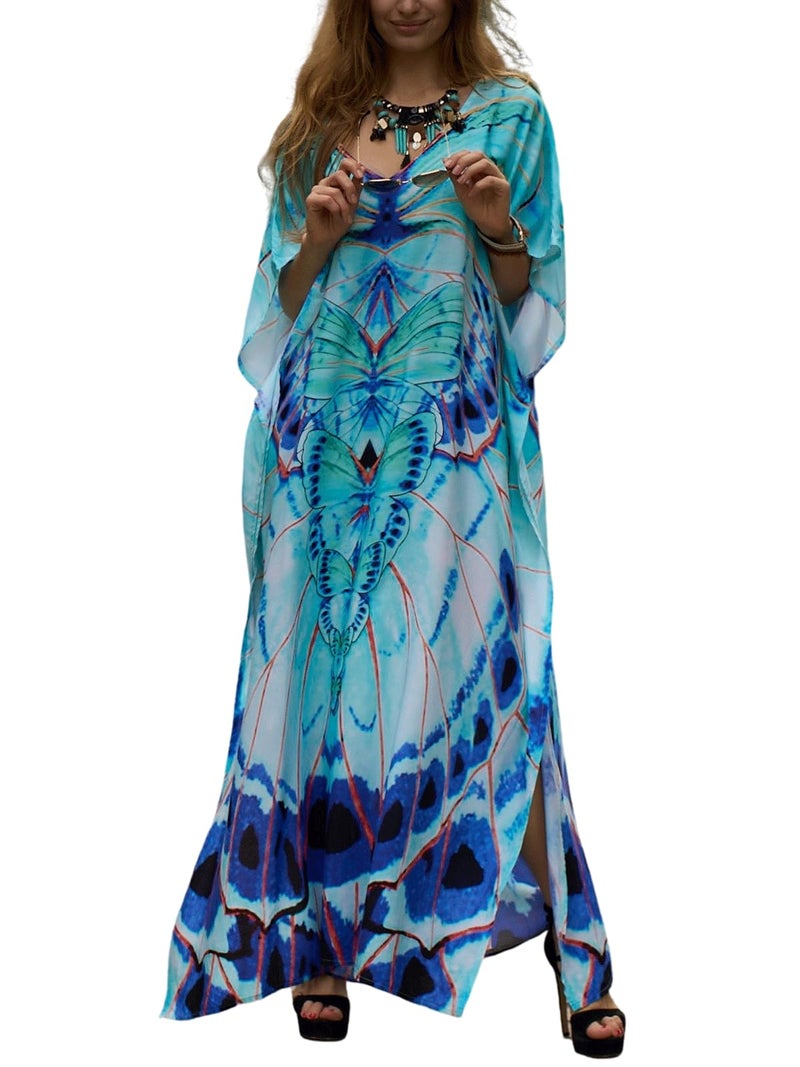 IMAGEKOPE Women's Plus Size Moroccan Print V-Neck Batwing Kaftan Loose Fit Beach Dress Bathing Suit Cover Up - Image 1