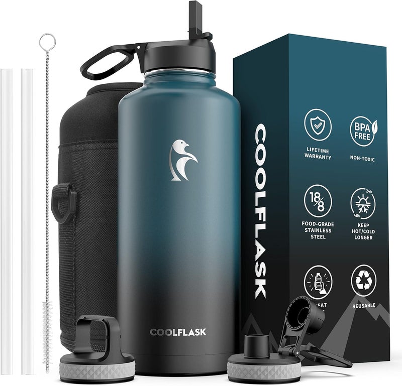 Coolflask Water Bottle 87 oz with Straw, 2/3 Gallon Insulated Stainless Steel Large 3 Lids Big Water Jug for Sports or Office, Non-BPA Keep Cold Up to 48 Hrs or Hot Up to 24 Hrs, Samurai Cyan - Image 1