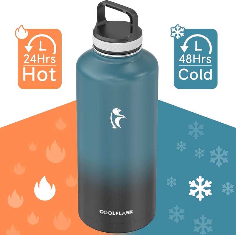 Coolflask Water Bottle 87 oz with Straw, 2/3 Gallon Insulated Stainless Steel Large 3 Lids Big Water Jug for Sports or Office, Non-BPA Keep Cold Up to 48 Hrs or Hot Up to 24 Hrs, Samurai Cyan - Image 3