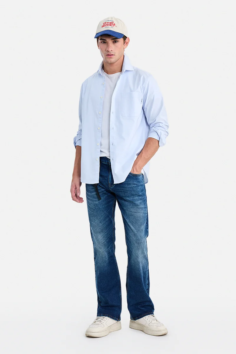 SNITCH Sky Blue Solid Long Sleeve Regular Fit Casual Shirt