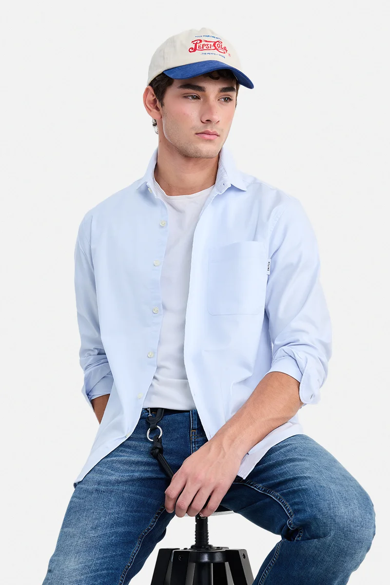 SNITCH Sky Blue Solid Long Sleeve Regular Fit Casual Shirt