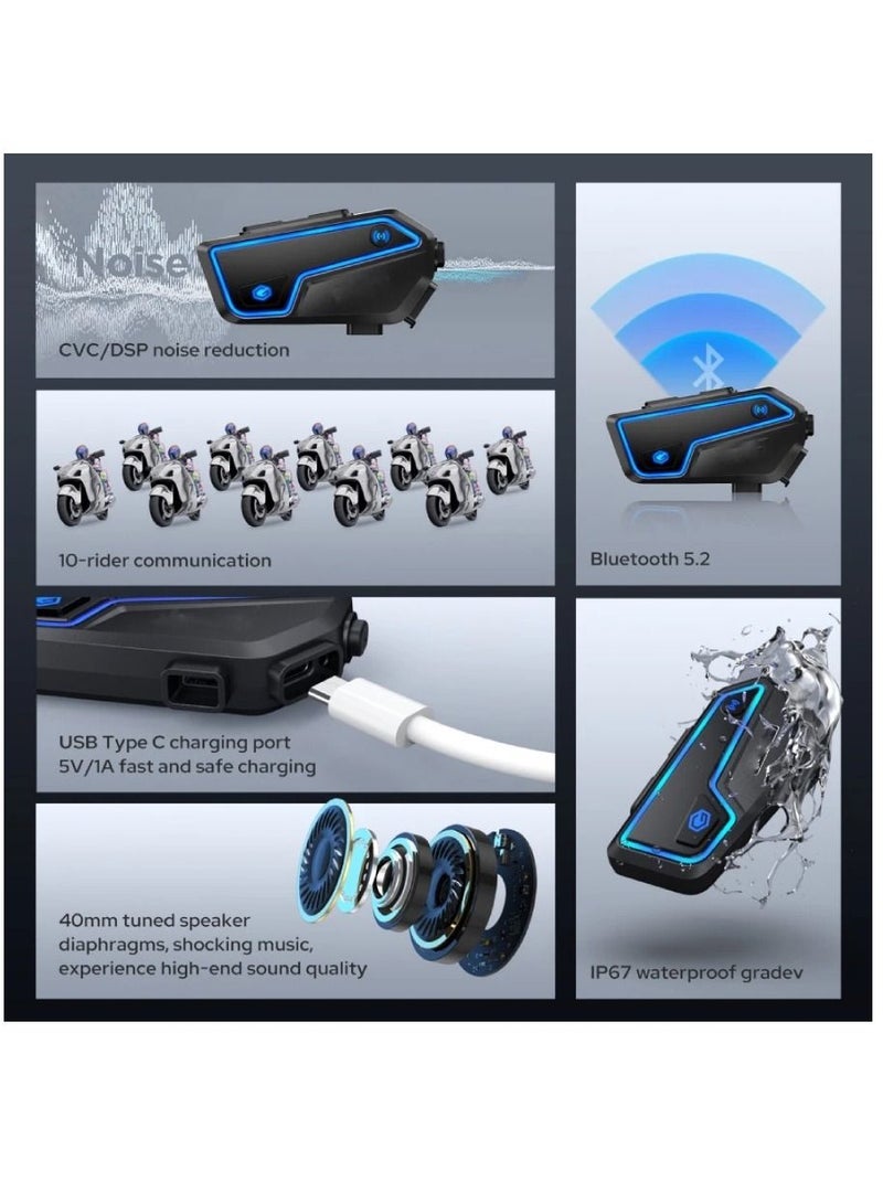 ارواق سماعة رأس بلوتوث للدراجات النارية GX10 10 رايدرز BT إنترفون مع راديو FM ومكبر صوت 2 قطعة - Image 3
