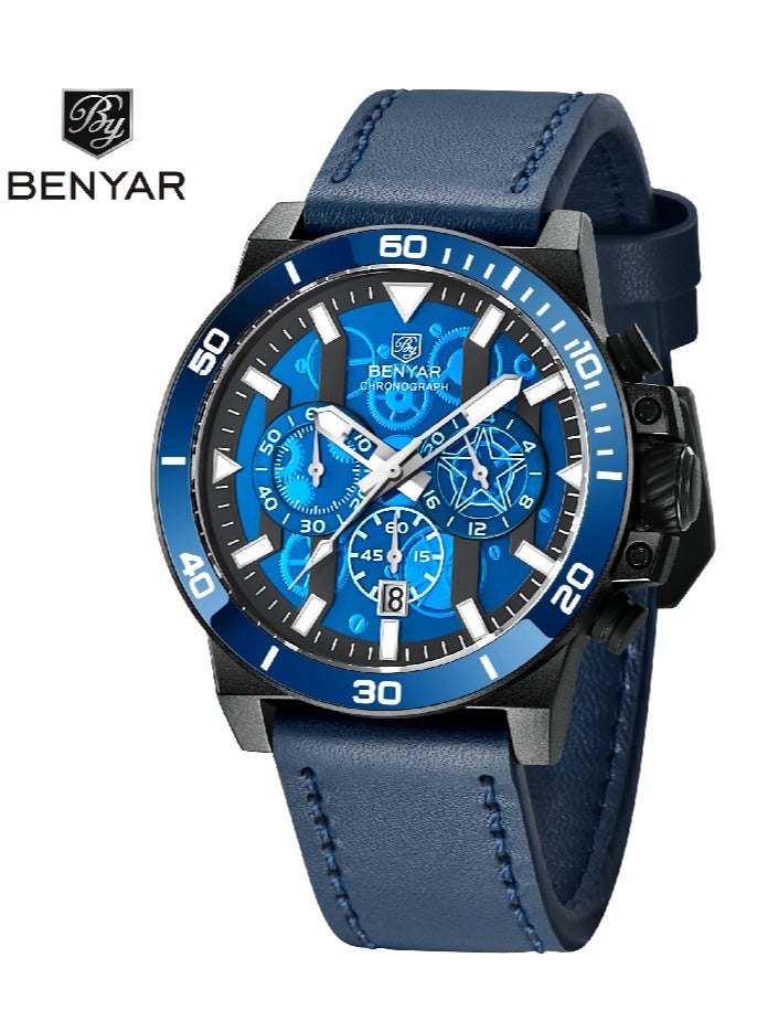 BENYAR Watches for Men Luxury Quartz Water Resistant Watch Men's Chronograph Genuine Leather Strap 5197 Blue - Image 1