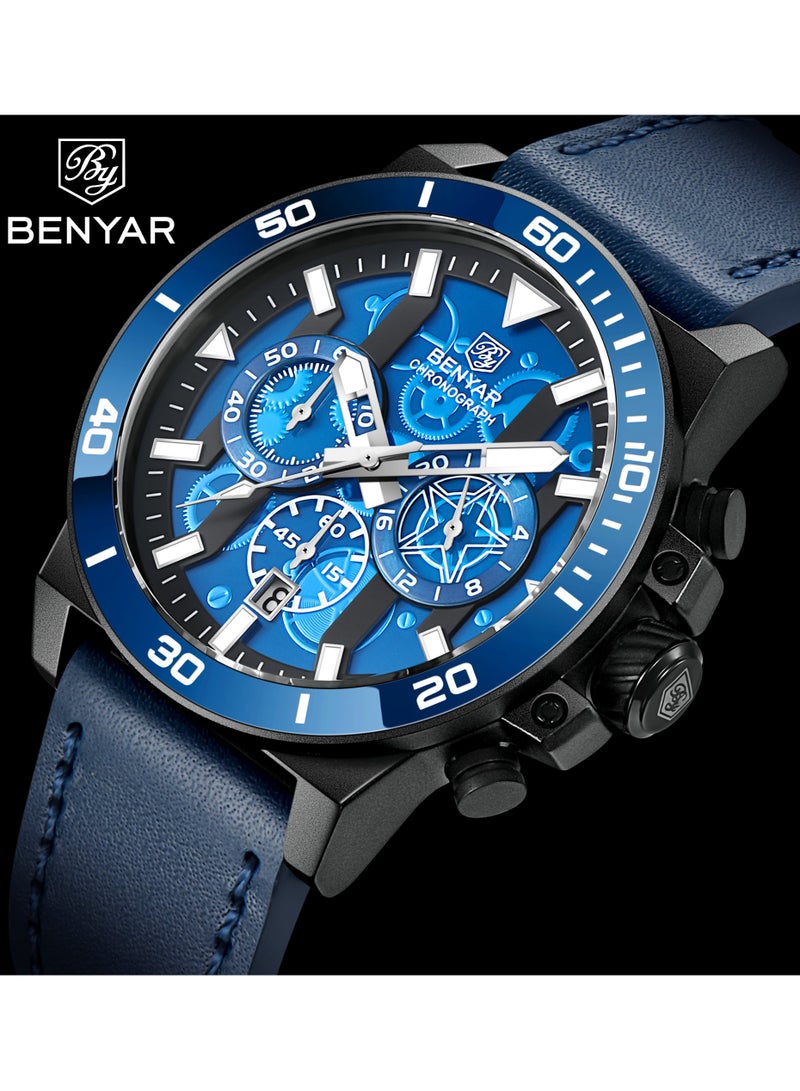 BENYAR Watches for Men Luxury Quartz Water Resistant Watch Men's Chronograph Genuine Leather Strap 5197 Blue - Image 3