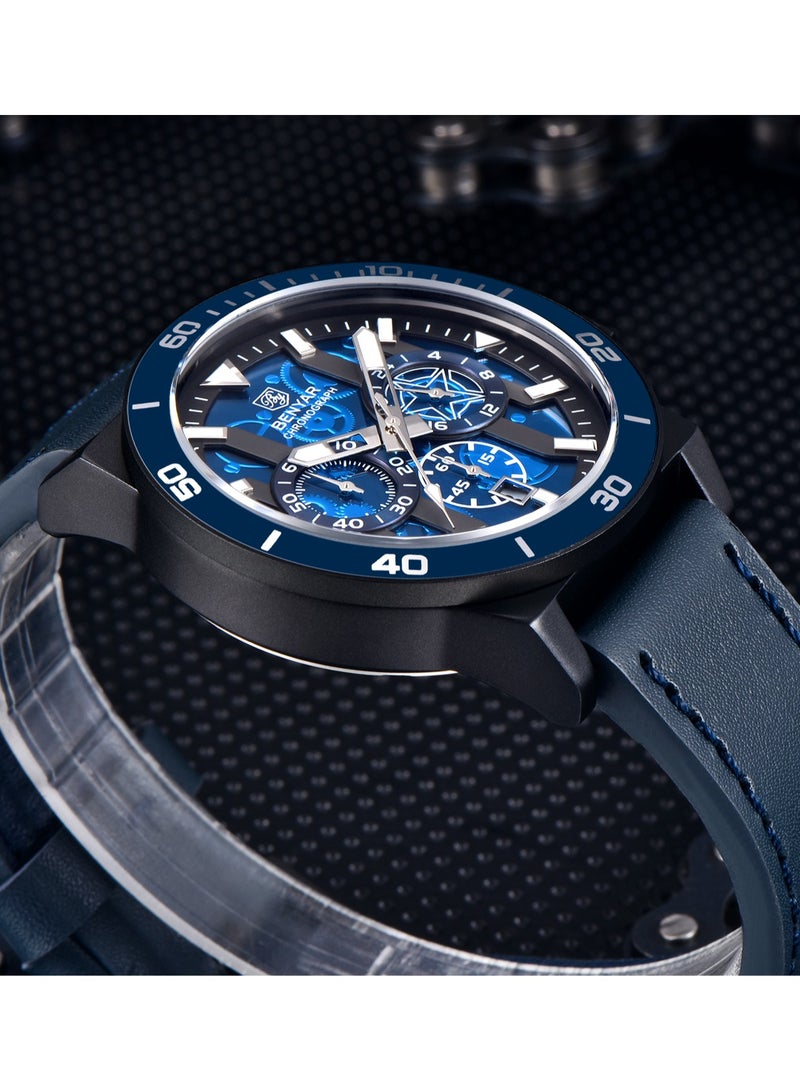 BENYAR Watches for Men Luxury Quartz Water Resistant Watch Men's Chronograph Genuine Leather Strap 5197 Blue - Image 5