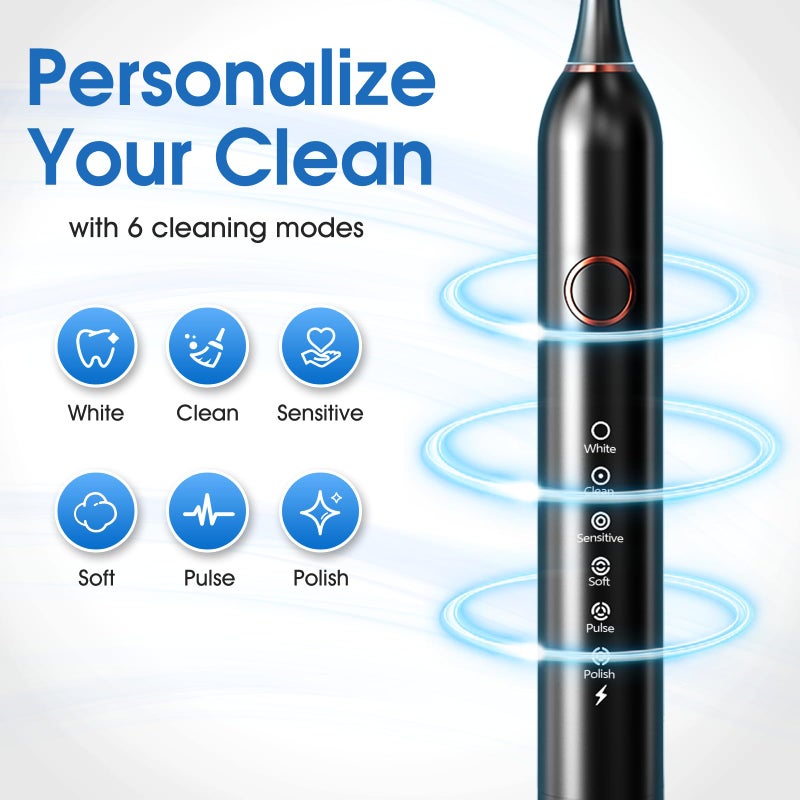 Cemobene Electric Toothbrush, Sonic Type for Adults & Teens, 8 Brush Heads, Travel Case, 6 Modes, 40000 VPM Electric Motor, IPX7 Waterproof, 2 Minutes Timer, Wireless Charging, One Charge for 100 Days-Black - Image 4