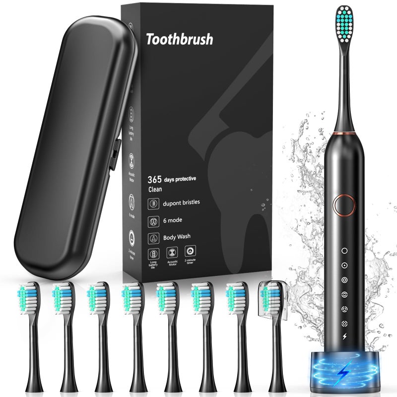 Cemobene Electric Toothbrush, Sonic Type for Adults & Teens, 8 Brush Heads, Travel Case, 6 Modes, 40000 VPM Electric Motor, IPX7 Waterproof, 2 Minutes Timer, Wireless Charging, One Charge for 100 Days-Black - Image 1