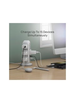 Smartix Smartix Extension Cord, 15-In-1 Heavy Duty Surge Protector Power Strip Tower with 11 AC Outlet, 35W 2xUSB-C PD & 2xUSB-A QC Ports, Overload Protection, Extension Cord 10m, Power Socket - 3250W, White  - Image 4