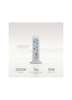Smartix Smartix Extension Cord, 15-In-1 Heavy Duty Surge Protector Power Strip Tower with 11 AC Outlet, 35W 2xUSB-C PD & 2xUSB-A QC Ports, Overload Protection, Extension Cord 10m, Power Socket - 3250W, White  - Image 2