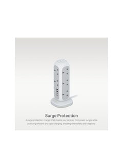 Smartix Smartix Extension Cord, 15-In-1 Heavy Duty Surge Protector Power Strip Tower with 11 AC Outlet, 35W 2xUSB-C PD & 2xUSB-A QC Ports, Overload Protection, Extension Cord 10m, Power Socket - 3250W, White  - Image 3