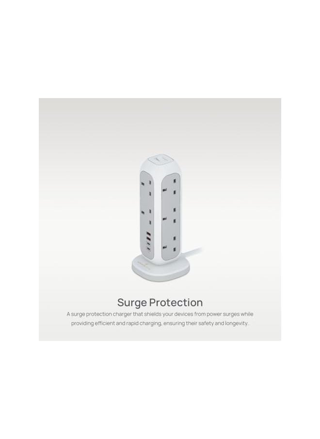 Smartix - Smartix Extension Cord, 15-In-1 Heavy Duty Surge Protector Power Strip Tower with 11 AC Outlet, 35W 2xUSB-C PD & 2xUSB-A QC Ports, Overload Protection, Extension Cord 10m, Power Socket - 3250W, White - Image 1