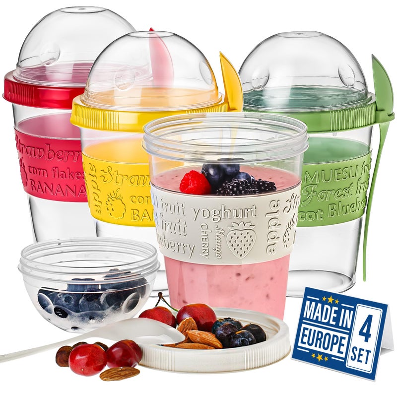 Crystalia 4 Pack 20 oz On The Go Yogurt Parfait Cups with Lids & Spoons, Overnight Oats Containers/Jars, Oatmeal Container to Go with Topping for Cereal, Milk, Yogurt, and Fruit Salad Storage (Large) - Image 1