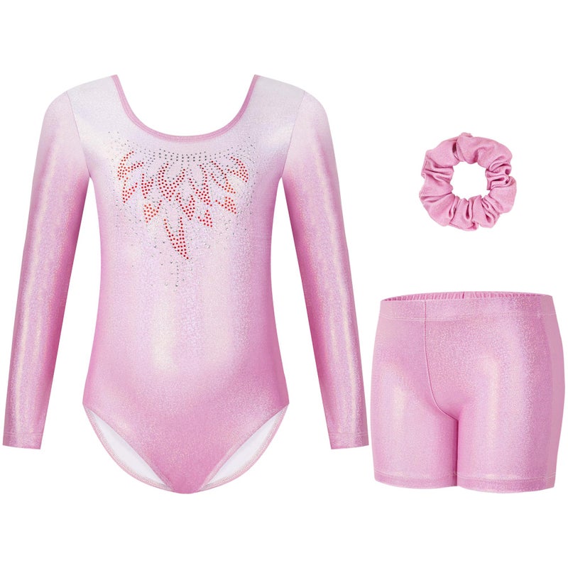 Gogokids Gymnastics Leotards for Girls Long Sleeve Sparkly Rhinestone Dance Unitards Biketards with Shorts Apink 67 Years - Image 2