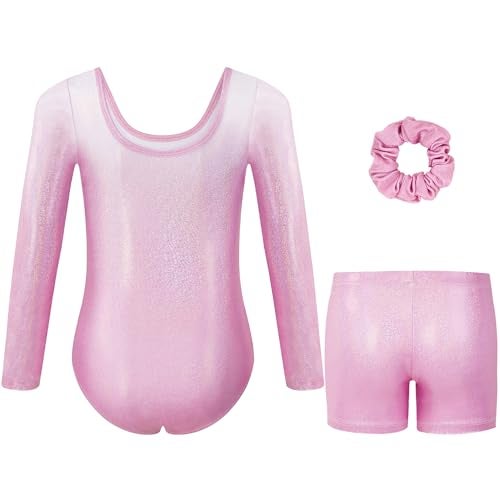 Gogokids Gymnastics Leotards for Girls Long Sleeve Sparkly Rhinestone Dance Unitards Biketards with Shorts Apink 67 Years - Image 3