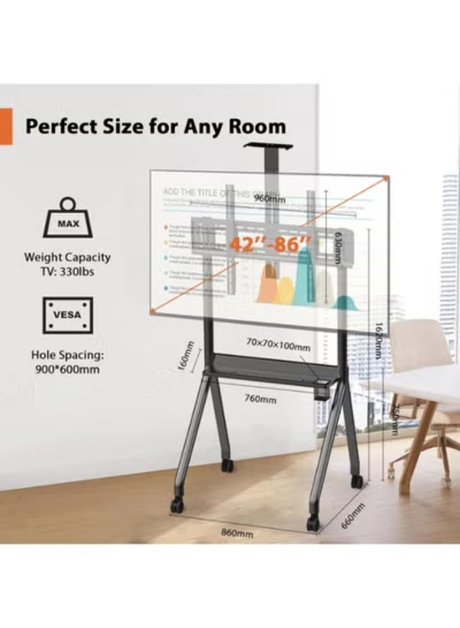 إتش إكس دي زومليون حامل تلفزيون متحرك لشاشات 42–86 بوصة LCD/LED المسطحة والمنحنية – عربة تلفزيون أرضية بعجلات مع رف وسائط قابل للتعديل تتحمل حتى 330 رطل - Image 2