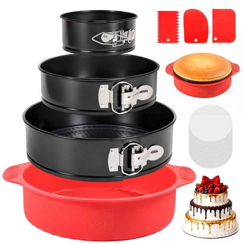 MASSUGAR 4 7 9 Inch Springform Pan with Silicone Protector, 50 Pcs Parchment Paper Liners, 3 Cake Scrapers, Leakproof Round Cake Pan for Baking in Water Bath - Nonstick Spring Form Pan for Cheesecake - Image 1