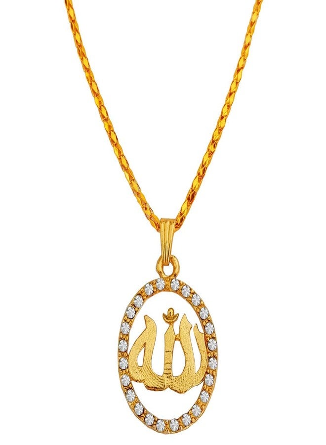 Sullery Religious Ramjan Eid Gift Cubic Zirconium Islamic Allah Symbol Locket with Chain Gold and White Brass Necklace Chain for Men and Women - Image 1