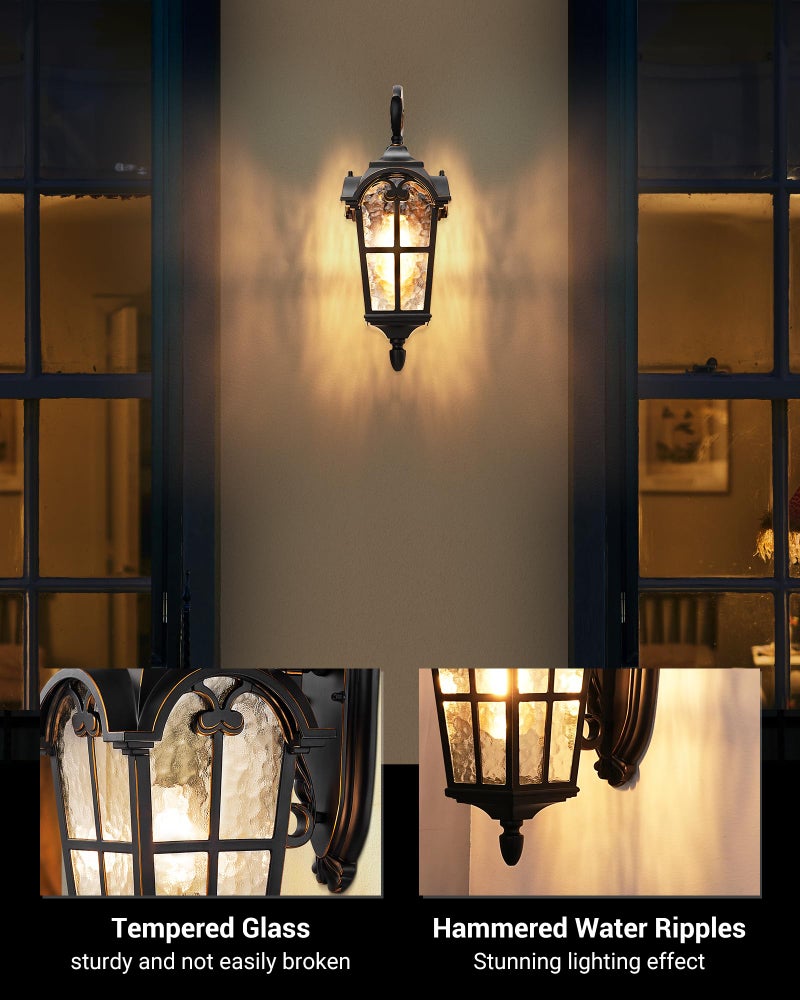 DEWENWILS Outdoor Wall Light Fixtures, Black Roman 17.7" H Exterior Wall Lantern, Anti-Rust & Waterproof, Water Ripple Glass, Outside Wall Sconce Porch Light for House, Garage - Image 3