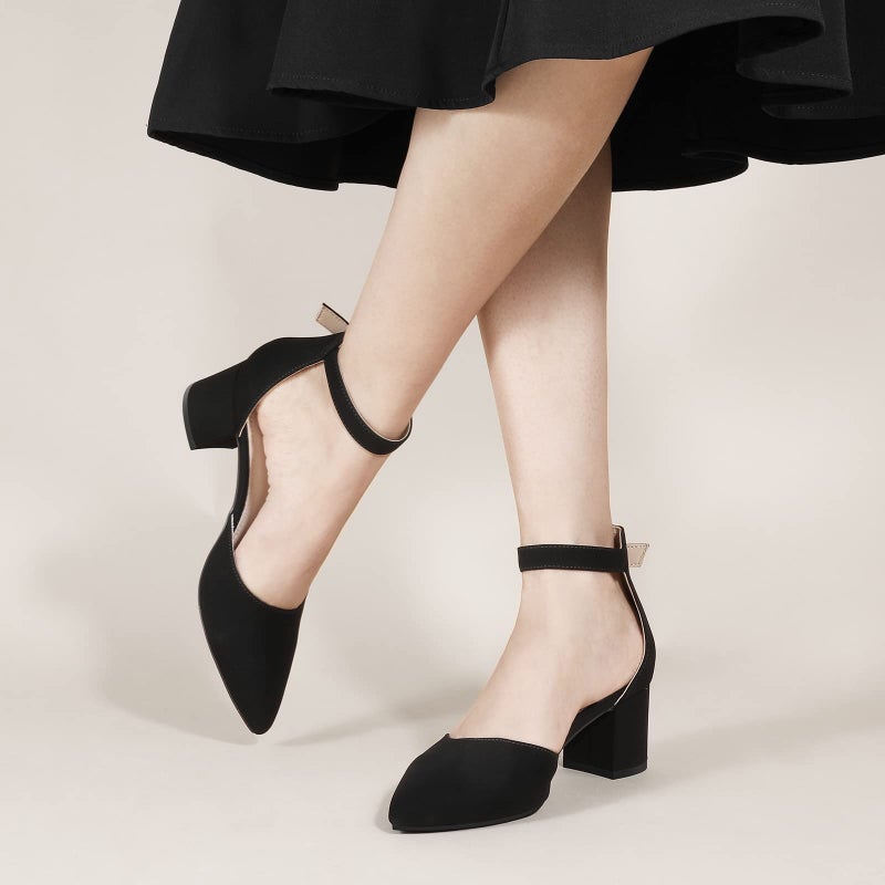 Ankis Closed Toe Heels for Women -Black Pointed Toe Heels Low Block Chunky Women Pumps with Ankle Strap -2.25 Inch - Image 2
