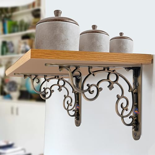 GHAR DWAR Metal Handcrafted Shelf Bracket for Floating Shelves L Angle Decorative Corner L Shaped Brace Joint Heavy Duty Wall Mounted Shelf Supporter Corner Brace Holder (Pack of 4, Brass Antique) - Image 3