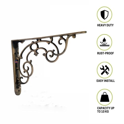 GHAR DWAR Metal Handcrafted Shelf Bracket for Floating Shelves L Angle Decorative Corner L Shaped Brace Joint Heavy Duty Wall Mounted Shelf Supporter Corner Brace Holder (Pack of 4, Brass Antique) - Image 4