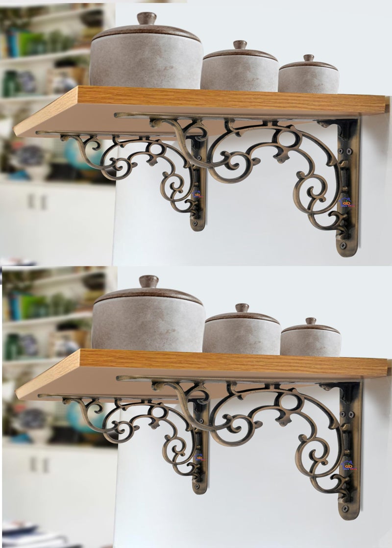 GHAR DWAR Metal Handcrafted Shelf Bracket for Floating Shelves L Angle Decorative Corner L Shaped Brace Joint Heavy Duty Wall Mounted Shelf Supporter Corner Brace Holder (Pack of 4, Brass Antique) - Image 1