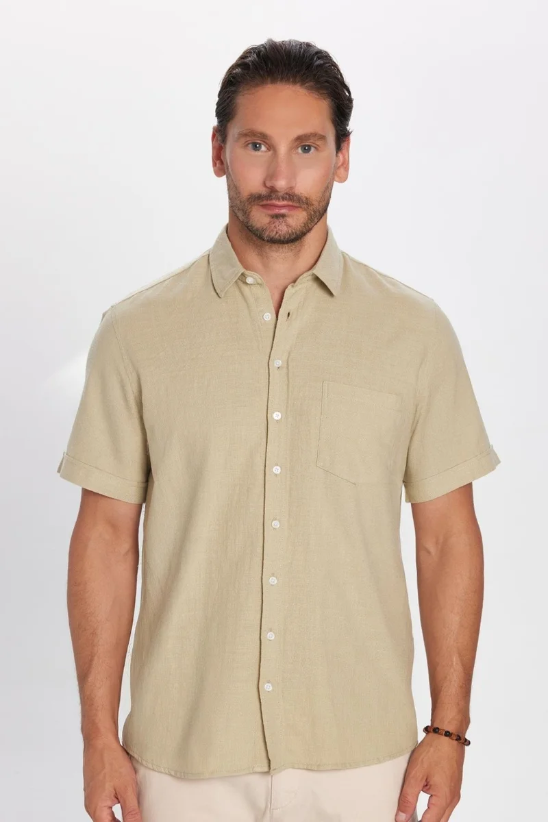 تودورس Classic Fit Short Sleeve Linen Cotton Pocket Stone Men's Shirt