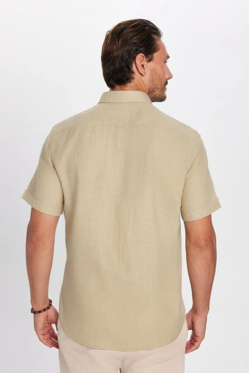 تودورس Classic Fit Short Sleeve Linen Cotton Pocket Stone Men's Shirt