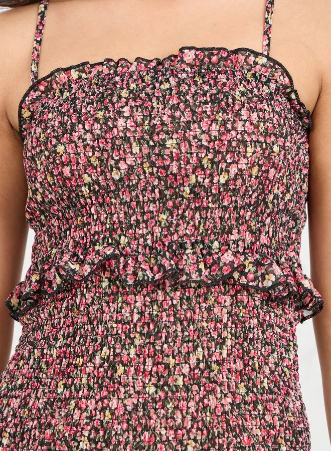 Styli Ditsy Floral Print Smocked Ruffle Detail Bodycon Midi Dress
